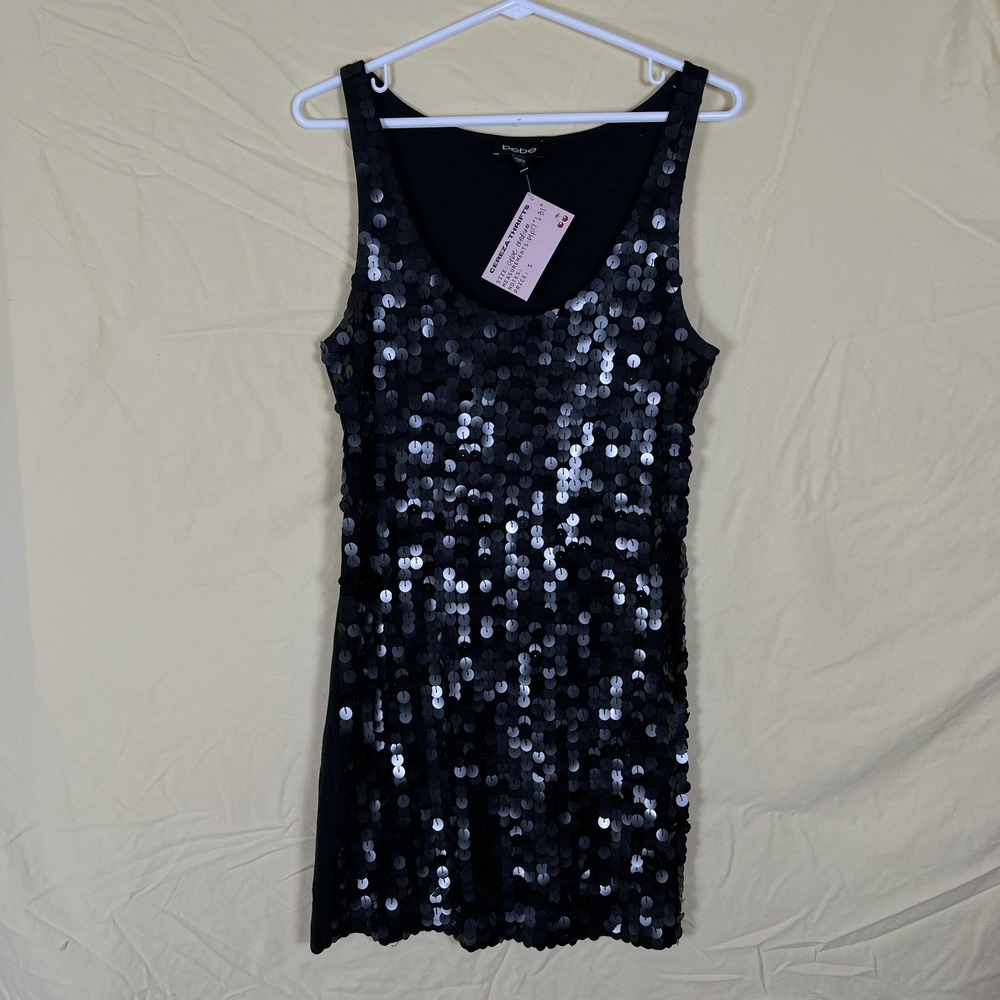 Bebe Dress Womens Medium Black Sequin Scoop Neck Bodycon Mini Party Cocktail